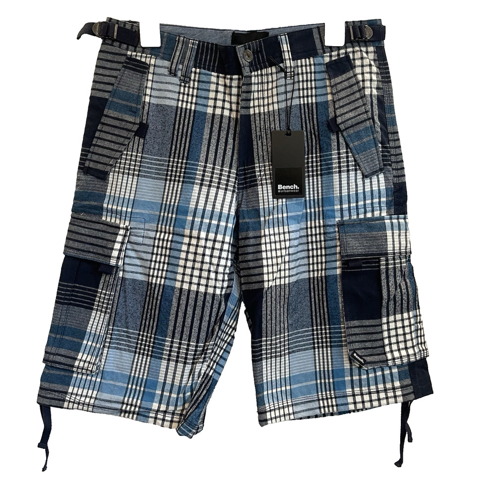 Men's Bench Urbanwear Cargo Shorts Size 32 Plaid Blue 🔥NEW🔥Snap Pockets Adjust